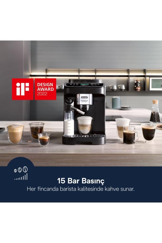 Magnifica Evo Next – Machine à Café Automatique avec Broyeur, Mousseur à Lait, Écran TFT, 10 Boissons, Noir
