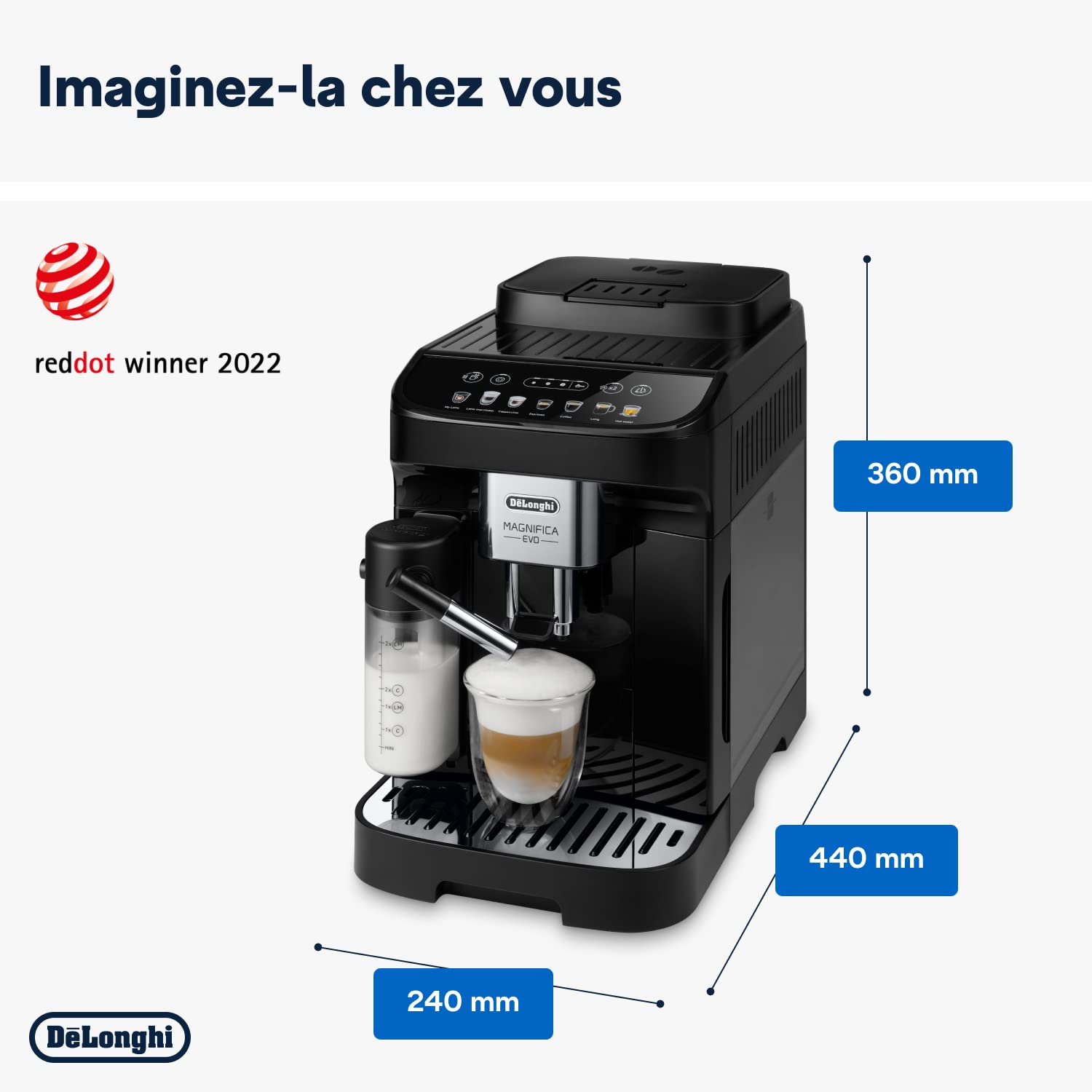 Magnifica Evo – Machine à Café Automatique avec Broyeur et LatteCrema, Cappuccino, 7 Boissons, Noir