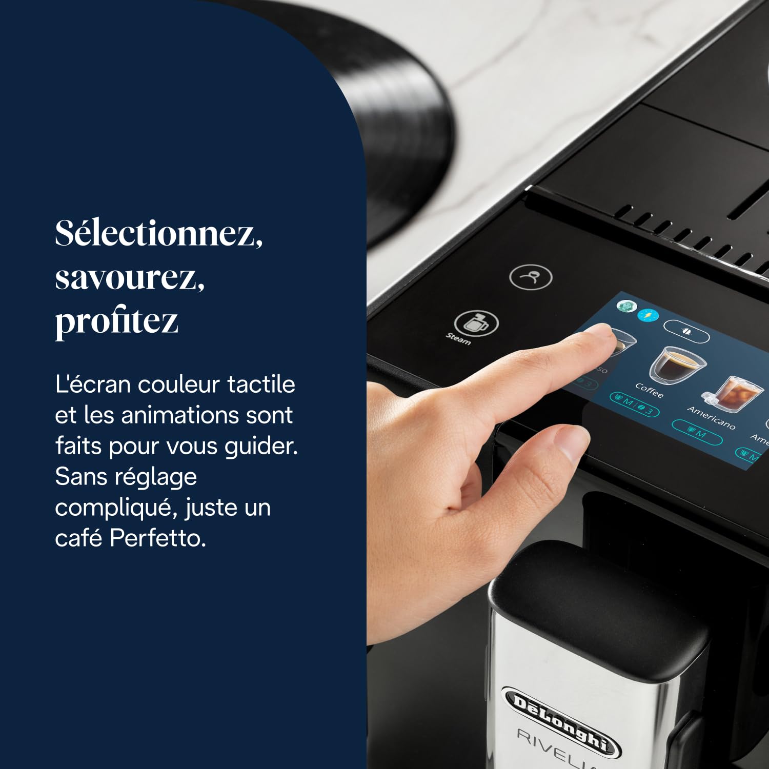 Rivelia Perfetto – Machine à Café Automatique avec Broyeur, Mousseur à Lait, Écran Tactile, 8 Boissons, Noir