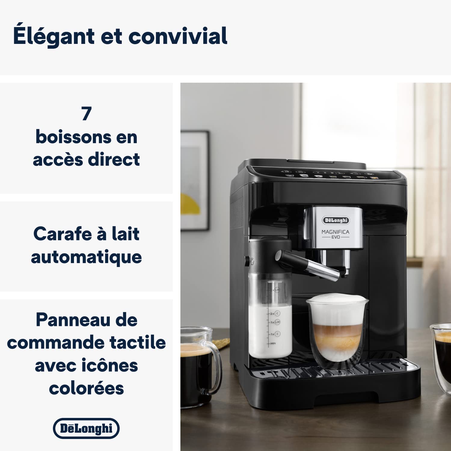 Magnifica Evo – Machine à Café Automatique avec Broyeur et LatteCrema, Cappuccino, 7 Boissons, Noir