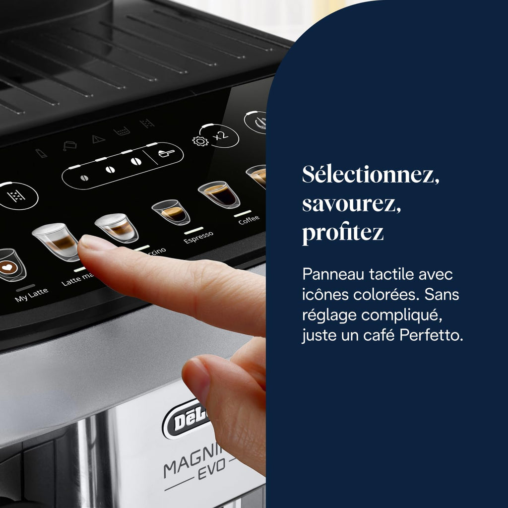 Magnifica Evo Perfetto – Machine à Café Automatique avec Broyeur, Mousseur LatteCrema, 7 Boissons, Argent et Noir
