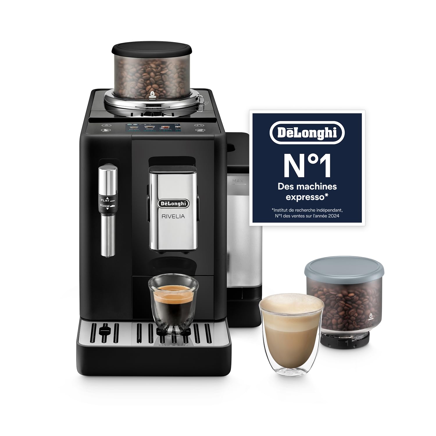 Rivelia Perfetto – Machine à Café Automatique avec Broyeur, Mousseur à Lait, Écran Tactile, 8 Boissons, Noir