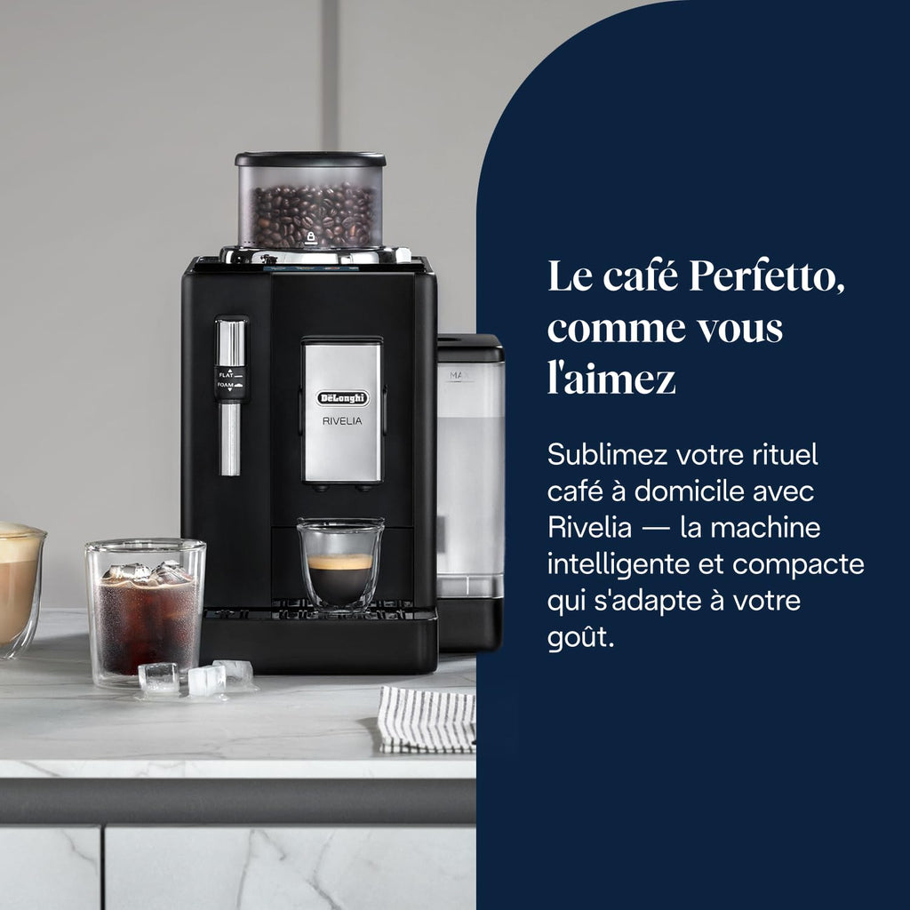 Rivelia Perfetto – Machine à Café Automatique avec Broyeur, Mousseur à Lait, Écran Tactile, 8 Boissons, Noir