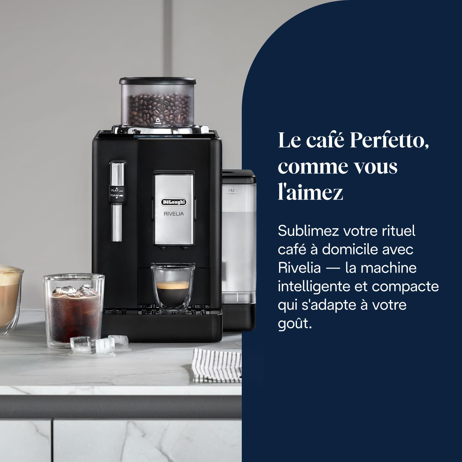 Rivelia Perfetto – Machine à Café Automatique avec Broyeur, Mousseur à Lait, Écran Tactile, 8 Boissons, Noir
