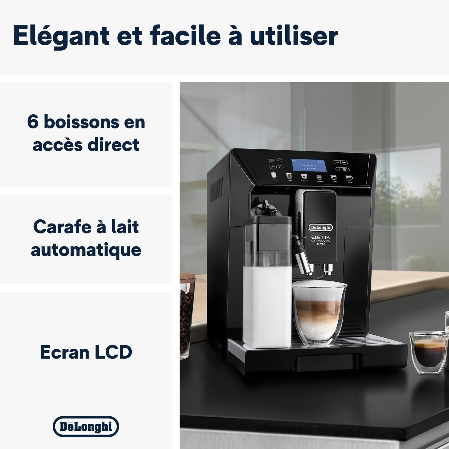 Eletta Evo – Machine à Café Automatique avec Broyeur, LatteCrema, Écran LCD Tactile, Cappuccino, Noir