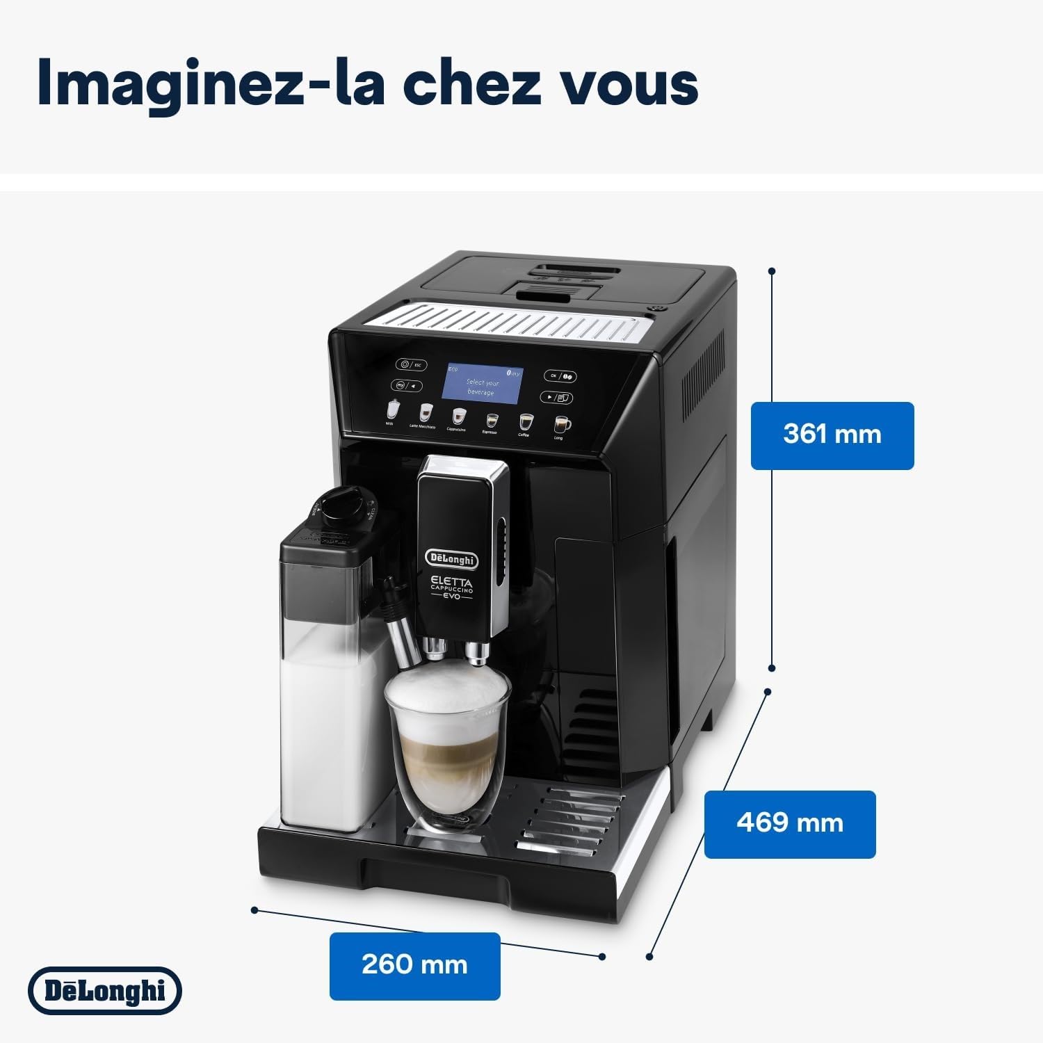 Eletta Evo – Machine à Café Automatique avec Broyeur, LatteCrema, Écran LCD Tactile, Cappuccino, Noir