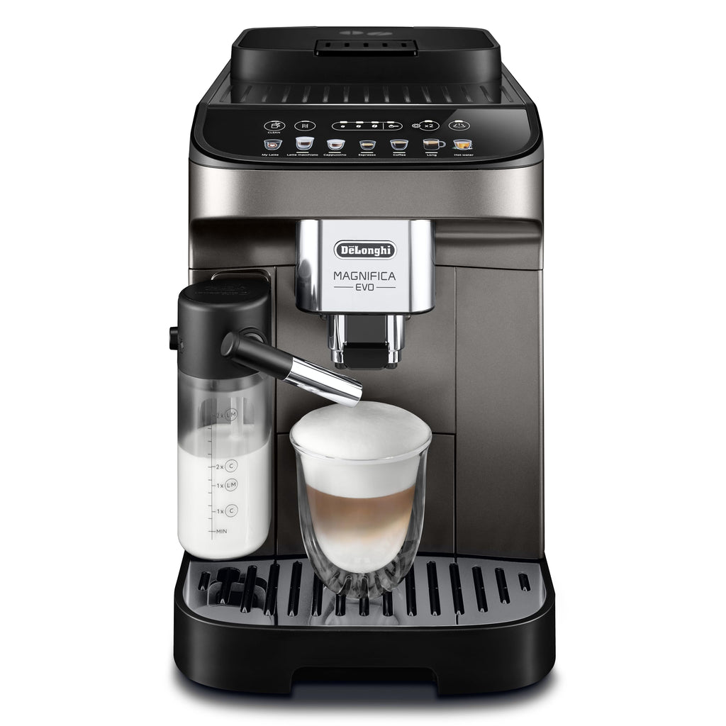 Magnifica Evo – Machine à Café Automatique avec Broyeur, Mousseur de Lait Automatique, 7 Recettes, Titane et Noir