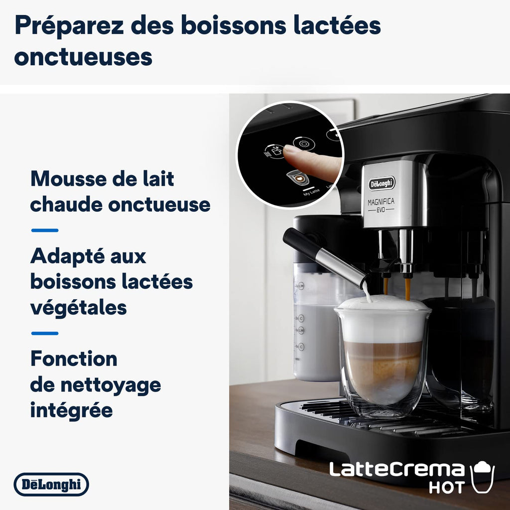 Magnifica Evo – Machine à Café Automatique avec Broyeur et LatteCrema, Cappuccino, 7 Boissons, Noir
