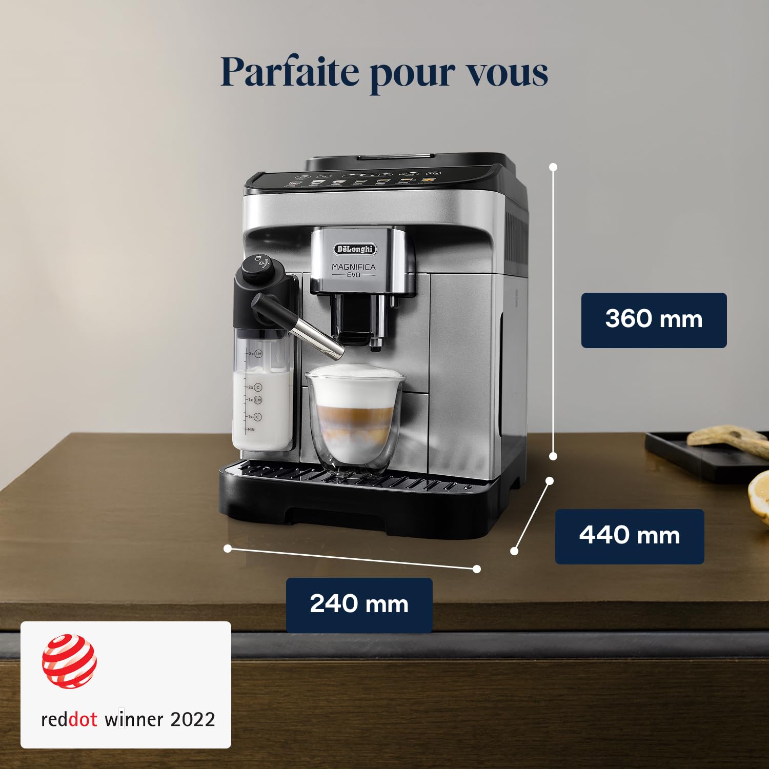 Magnifica Evo Perfetto – Machine à Café Automatique avec Broyeur, Mousseur LatteCrema, 7 Boissons, Argent et Noir