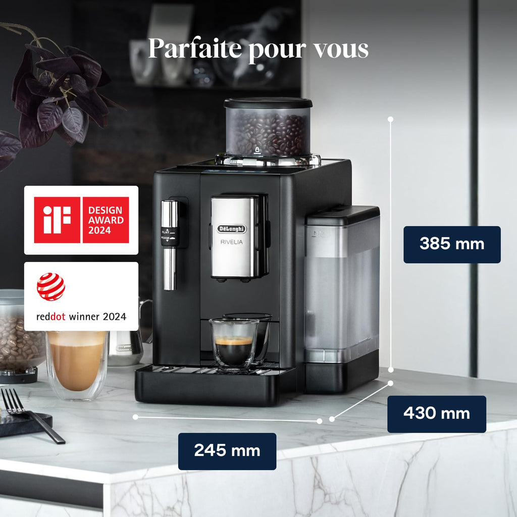 Rivelia Perfetto – Machine à Café Automatique avec Broyeur, Mousseur à Lait, Écran Tactile, 8 Boissons, Noir