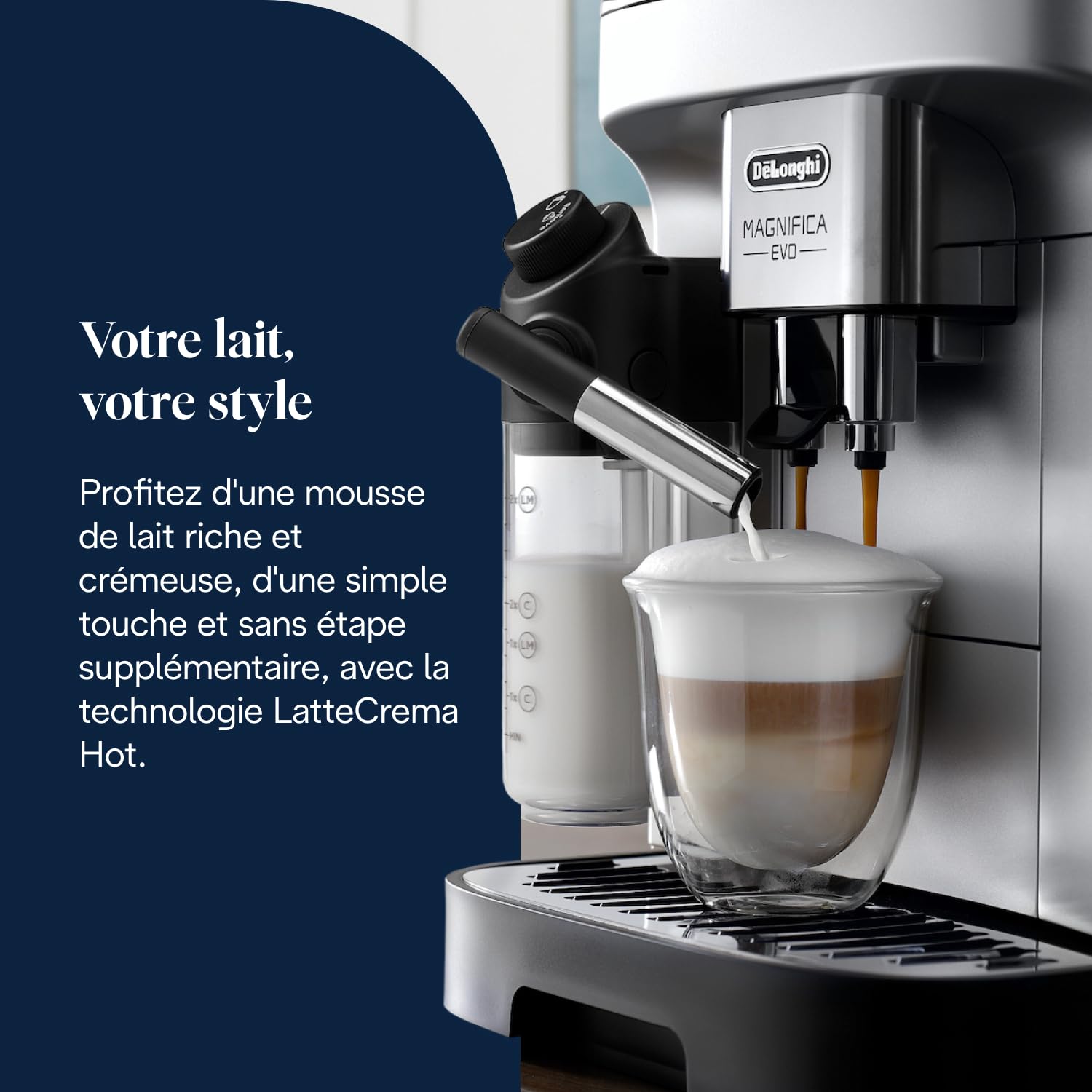 Magnifica Evo Perfetto – Machine à Café Automatique avec Broyeur, Mousseur LatteCrema, 7 Boissons, Argent et Noir