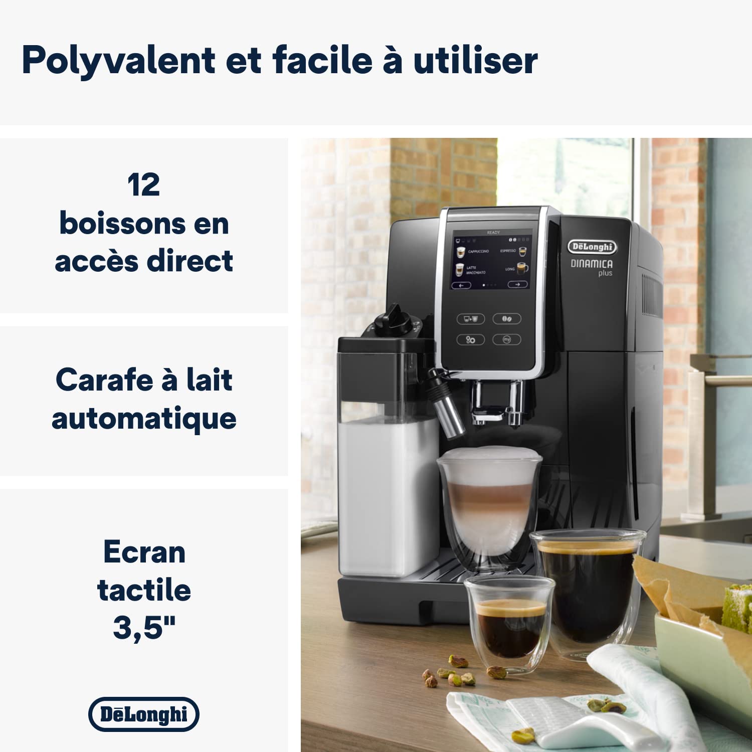 Dinamica Plus – Machine à Café Automatique avec Broyeur, LatteCrema System, Écran Tactile, 1,8 L, Noir