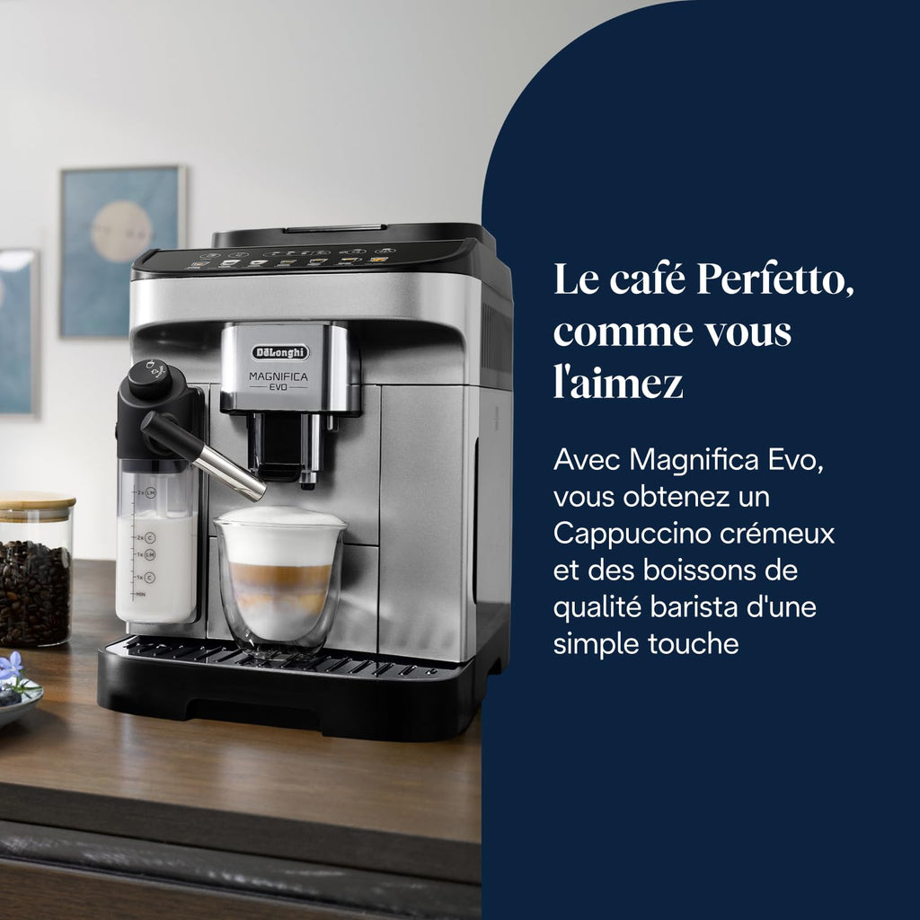 Magnifica Evo Perfetto – Machine à Café Automatique avec Broyeur, Mousseur LatteCrema, 7 Boissons, Argent et Noir