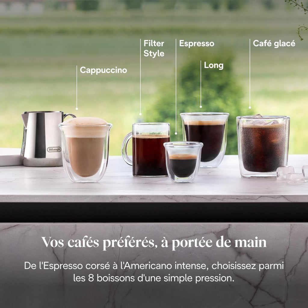 Rivelia Perfetto – Machine à Café Automatique avec Broyeur, Mousseur à Lait, Écran Tactile, 8 Boissons, Noir