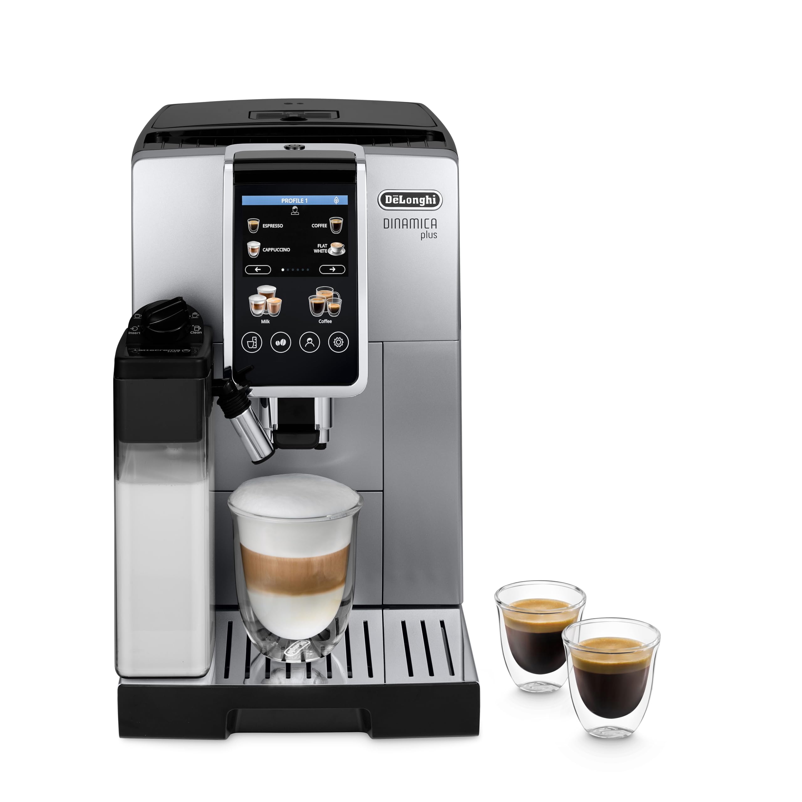 Dinamica Plus – Machine à Café Automatique avec Broyeur, LatteCrema Hot, 24 Recettes, Écran TFT 3,5", Argent et Noir