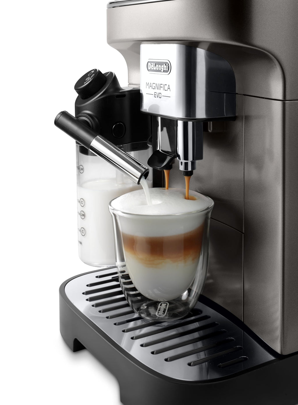 Magnifica Evo – Machine à Café Automatique avec Broyeur, Mousseur de Lait Automatique, 7 Recettes, Titane et Noir